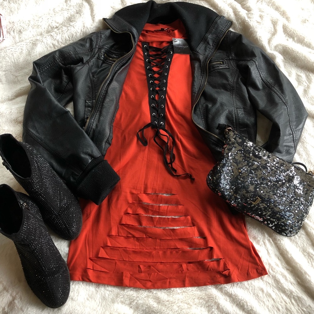 NWT- super soft red/orange w/black lace up top - Picture 4 of 7
